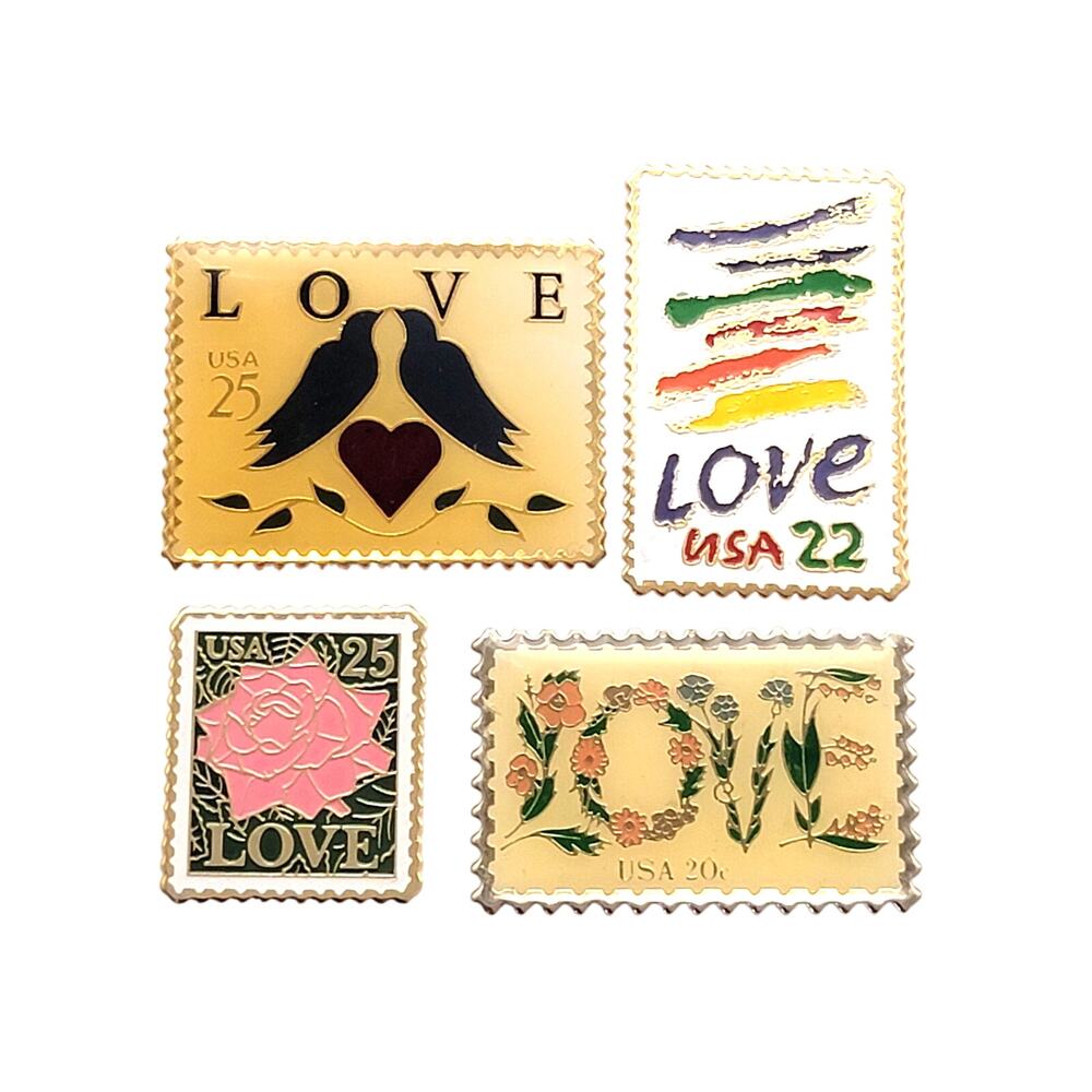 Lot 4 Love Stamp Pins Dove Rose Romantic Vintage Jewelry